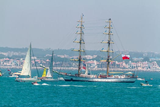 CADIZ, SPAIN - JUL 29: Polish Ship, Fryderyk Chopin setting sail on the Tall ship races 2012 on July 29 , 2012, in Cadiz , Spain