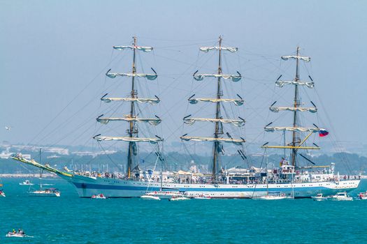 CADIZ, SPAIN - JUL 29: Russian Navy Ship, MIR setting sail on the Tall ship races 2012 on July 29 , 2012, in Cadiz , Spain