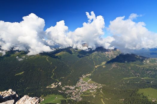 Aerial view of San Martino di Castrozza, famous small town in Primiero valley, Trentino, Italy