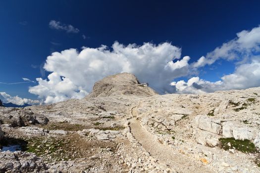 plateau in Pale di San Martino Dolomites and Rosetta peak, Trentino, Italy 