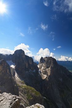 Pale di San Martino Dolomites against the sun, Trentino Italy