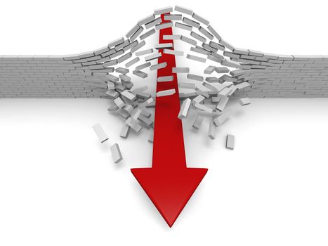 Red arrow breaking through brick wall, concept of success, breakthrough, achievement