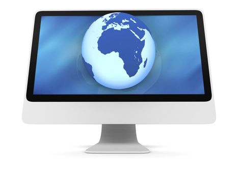 Blue glowing model of Earth on computer screen isolated on white background. Elements of this image furnished by NASA