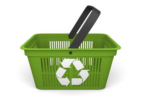 Green shopping basket with recycling symbol, concept of sustainable shopping and environmental protection, isolated on white background
