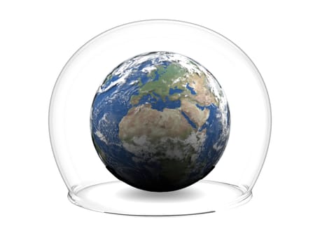 Planet Earth inside glass bowl isolated on white background. Elements of this image furnished by NASA