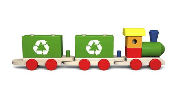 3D illustration of colorful wooden toy train with recycling symbols, concept of environmental protection as part of early children education, isolated on white background