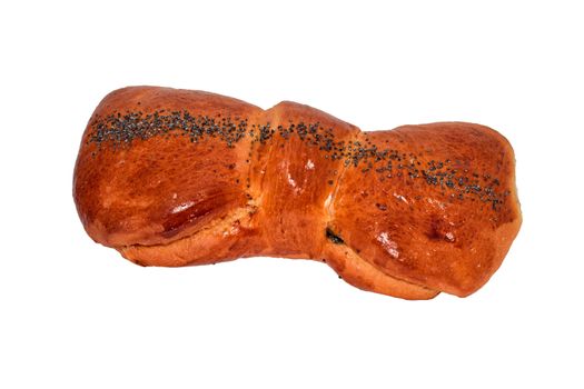 Overhead view of a freshly baked crusty fancy loaf of bread in the shape of a bow dusted with seeds