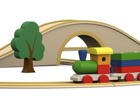 3D illustration of colorful wooden toy train with track, tunnel and bridge