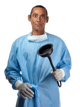 A medical professional is seen with a plumbing tool in his hand.