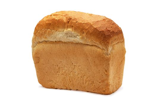 Freshly baked loaf of golden crusty bread on a white studio background