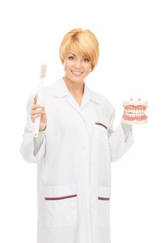 picture of attractive female doctor with toothbrush and jaws