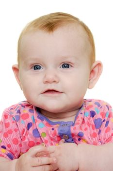 A sweet happy baby 3 month young.Taken on a white background.