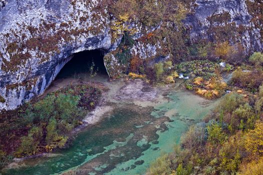 Plitvice lakes National park cave in canyon