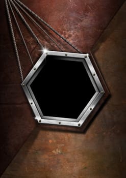 Brown and metal grungy business background with hexagonal frame

