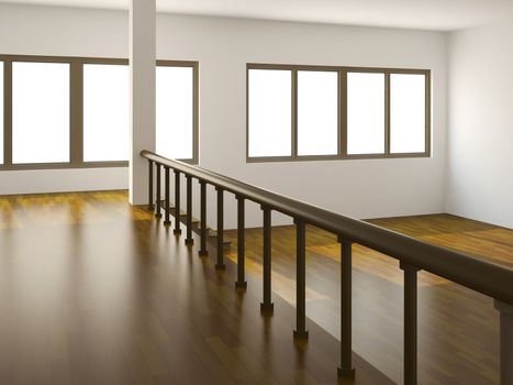 A large room with a ladder and the window