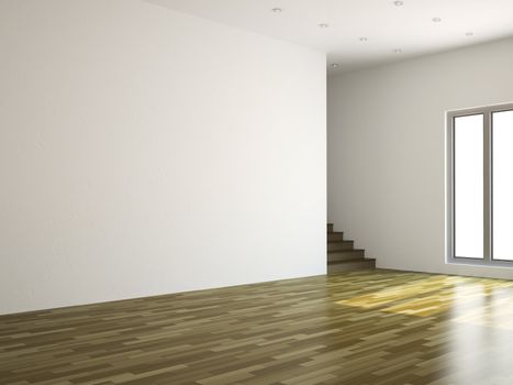A large room with a ladder and the window