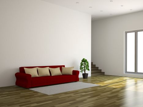 A large room with a sofa and the window