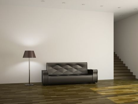 A large room with a sofa and the staircase