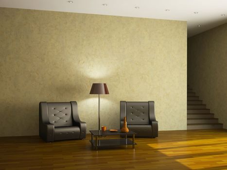 A large room with a armchairs and the staircase