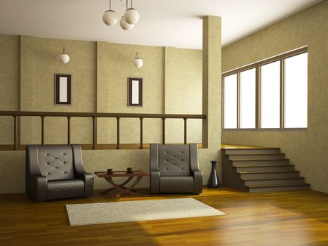 The room interior with two leather chairs