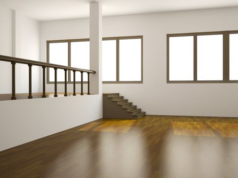 A large room with a ladder and the window