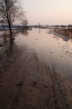 Flooded Road in spring evening