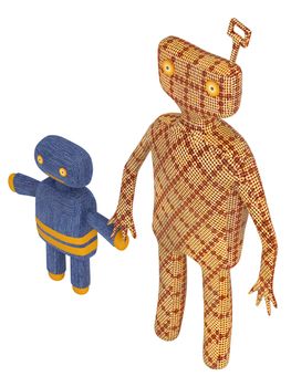 Copies of old mechanical tin toys with a wind up key in the form of stylised figures of an adult and child holding hands isolated on a white background