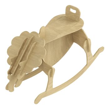 Stylised minimalistic wooden rocking horse made of interlocking flat shaped boards with a seat for a child isolated on a white background