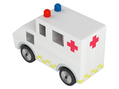 Simple stylised wooden toy ambulance with a red cross, emergency lights and paramedics or patients in the rear isolated on a white background