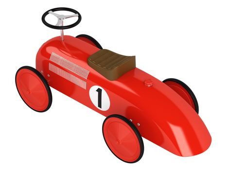 Stylised simple red plastic toy racing car with a number one on its side isolated on white