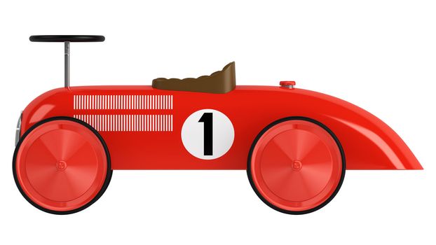 Stylised simple red plastic toy racing car with a number one on its side isolated on white