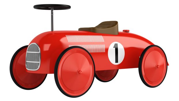 Stylised simple red plastic toy racing car with a number one on its side isolated on white