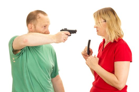 A man hold a woman at gunpoint