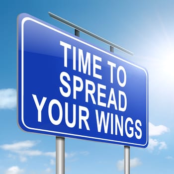Illustration depicting a roadsign with a spreading your wings concept. Sky background.
