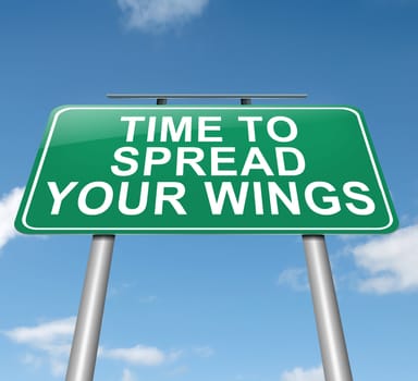 Illustration depicting a roadsign with a spreading your wings concept. Sky background.