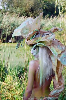 Girl face and body painting fairy forest willow backside