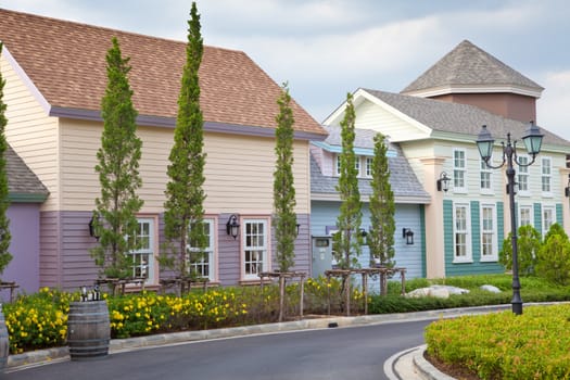 Elegant walkway and Traditional wooden House in blue sky