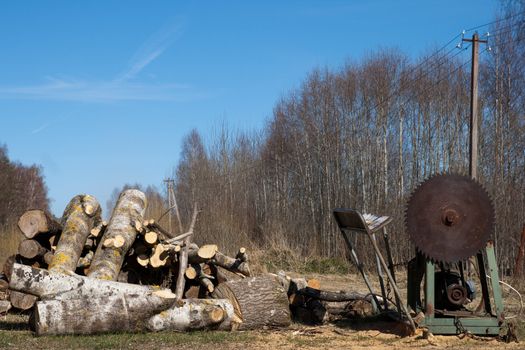 Old eletric circular saw and stack of firewood