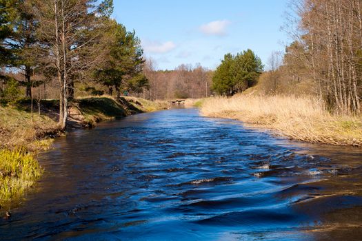 Small river in the forest with blue water