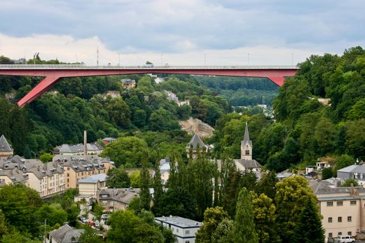 Luxembourg city view with part of old city and new bridge Grand Duchess Charlotte Bridge