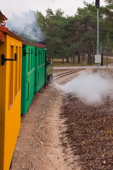 An old steam train pulls colorful waggons