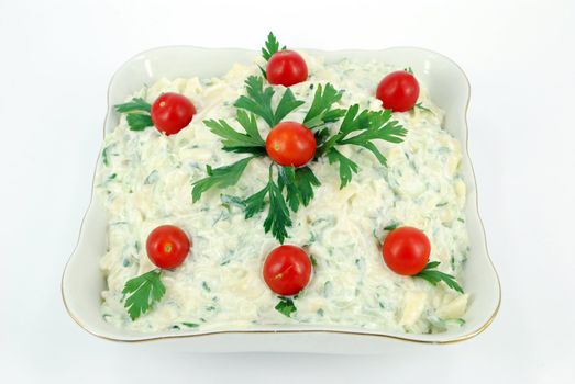 Salad with macaroni cucumber and tomatoes
