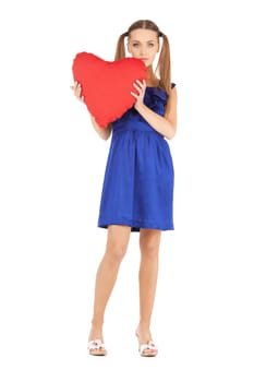 picture of lovely woman with red heart-shaped pillow