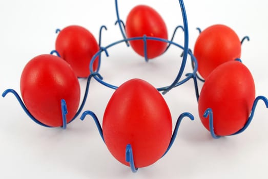 Easter chicken red eggs on white