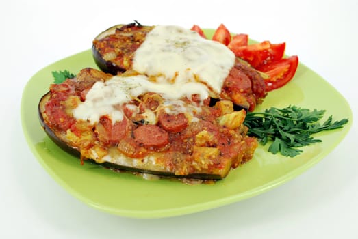 Baked aubergine with cheese and meat