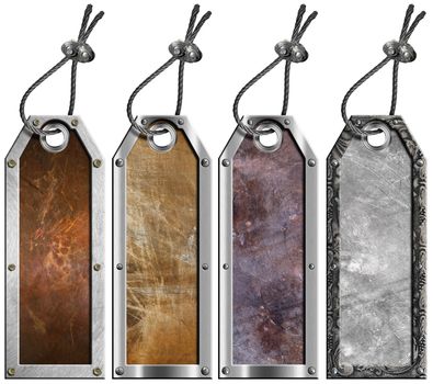 Four empty grunge metallic tags with steel cable and metal rivets
