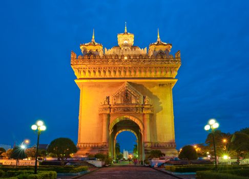 Patuxai arch monument, Vientiane, the Capital of Laos, in the night.