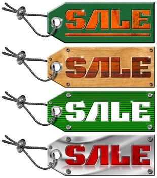 Metallic green and wooden tags with steel cable and written sale 
