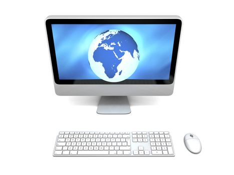 Blue glowing model of Earth on computer screen isolated on white background, concept of global network. Elements of this image furnished by NASA