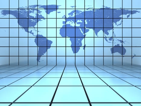 Blue background scene with world map on the wall. Elements of this image furnished by NASA